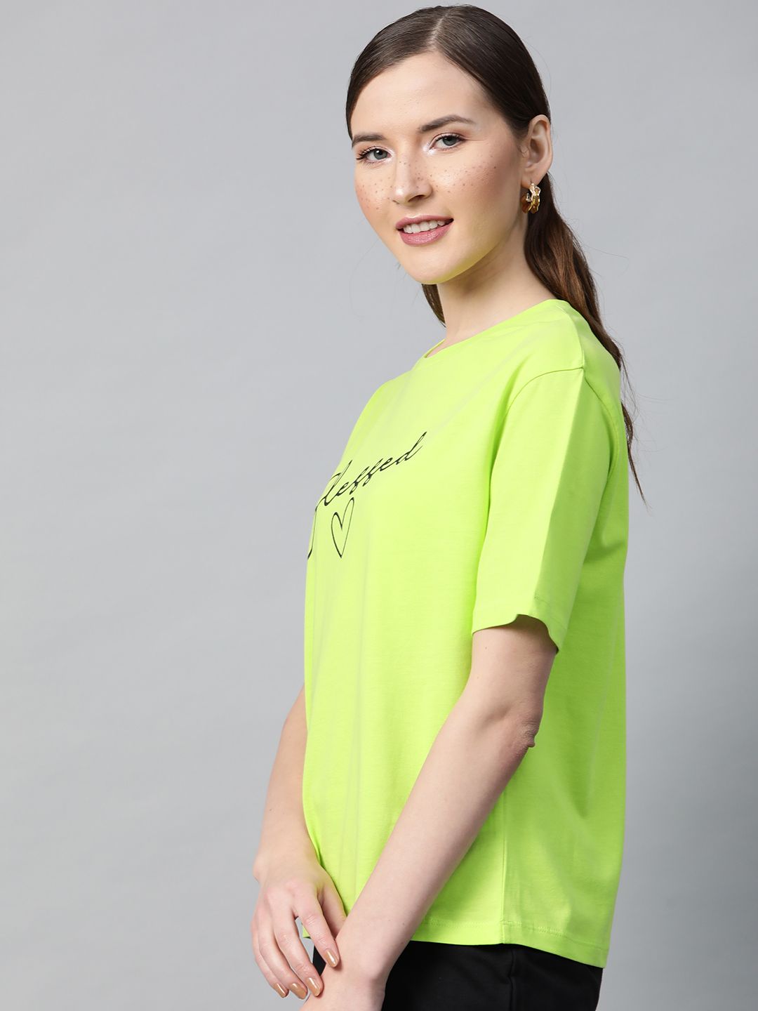 SASSAFRAS Women Fluorescent Green Blessed Print Round Neck T-shirt