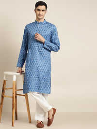 SOJANYA Men Blue & White Geometric Printed Straight Pure Cotton Kurta