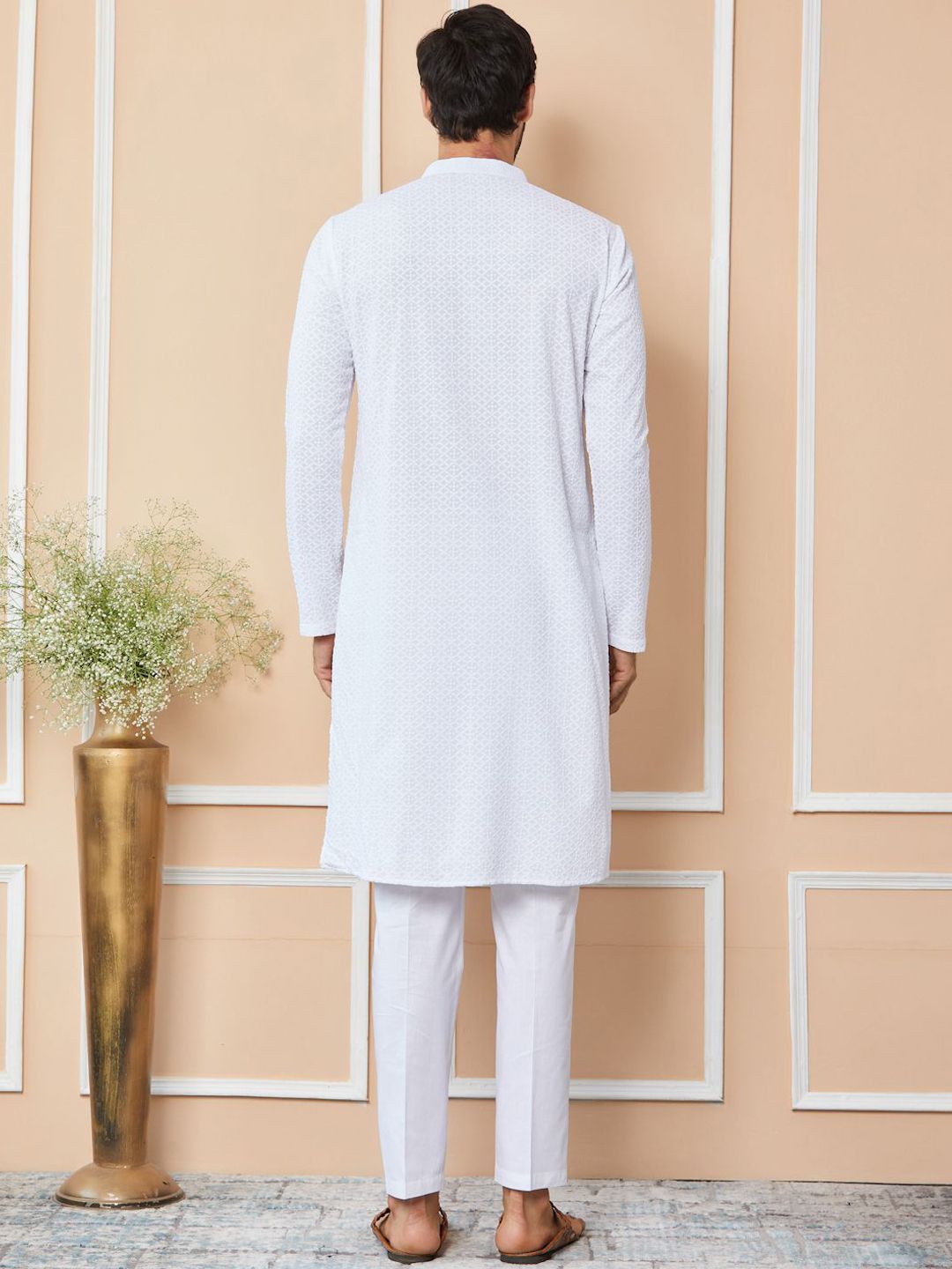 See Designs Mandarin Collar Long Sleeves Geometric Thread Work Pure Cotton Straight Kurta