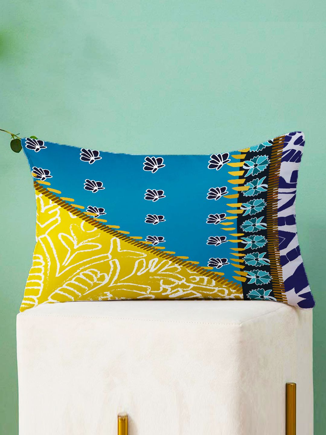 STITCHNEST Blue & Yellow Set of 2 Floral Rectangle Cushion Covers