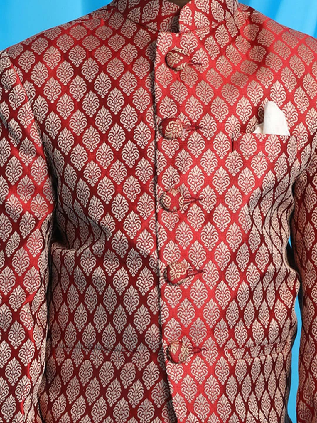 VASTRAMAY Boys Ethnic Motifs Woven Design Silk Single Breasted Bandhgala Blazer