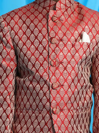 VASTRAMAY Boys Ethnic Motifs Woven Design Silk Single Breasted Bandhgala Blazer