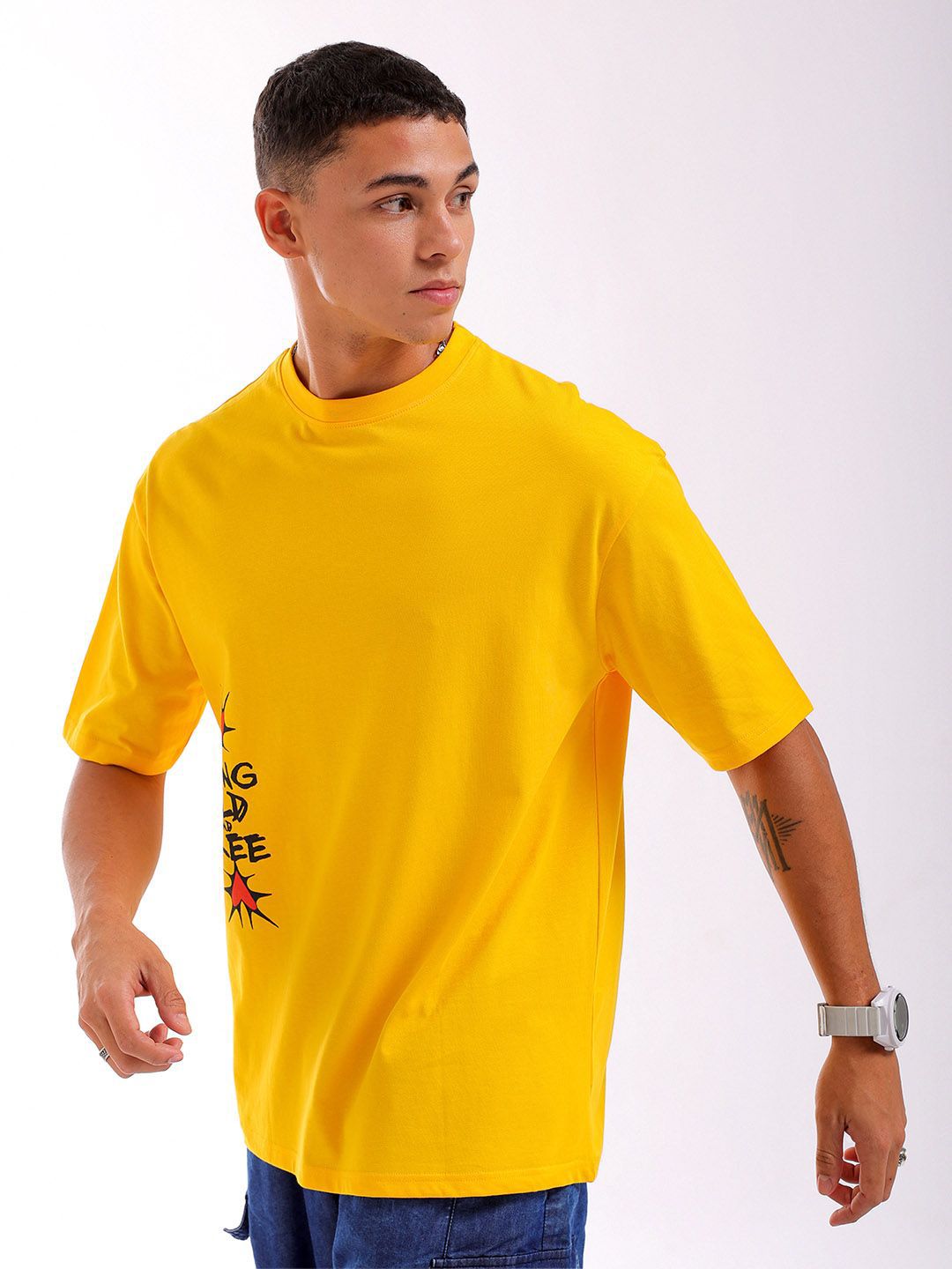 The Indian Garage Co Men Back Printed Boxy Oversized Round Neck Pure Cotton T-shirt