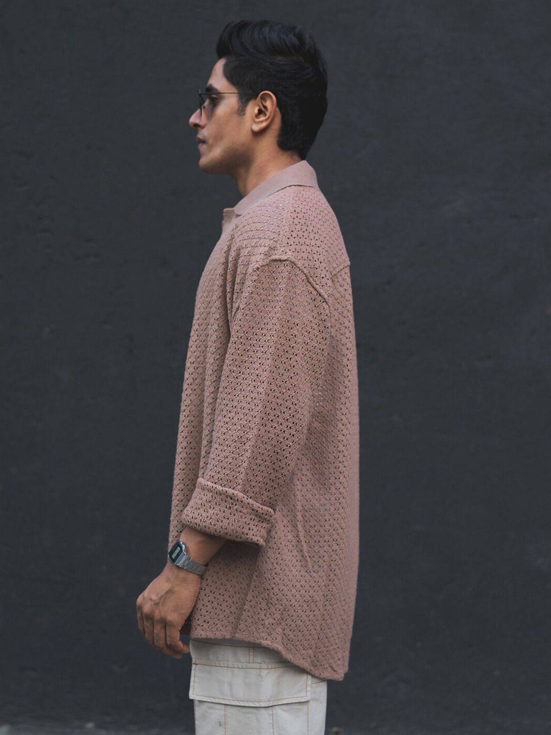 Powerlook Semi Sheer Self Design India Slim Fit Pure Cotton Oversized Crochet Shirt