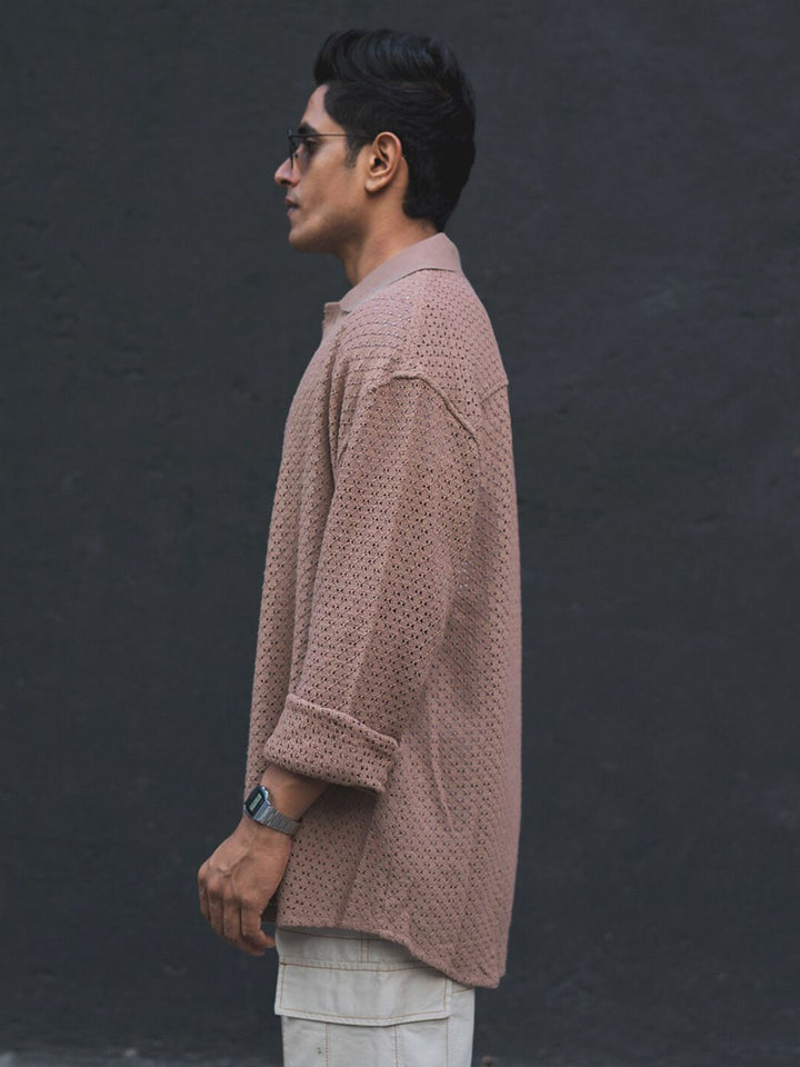 Powerlook Semi Sheer Self Design India Slim Fit Pure Cotton Oversized Crochet Shirt