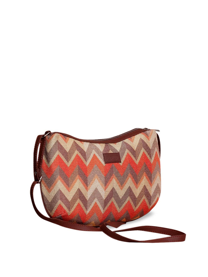 ZOUK Orange Geometric Half Moon Sling Bag with Cut Work