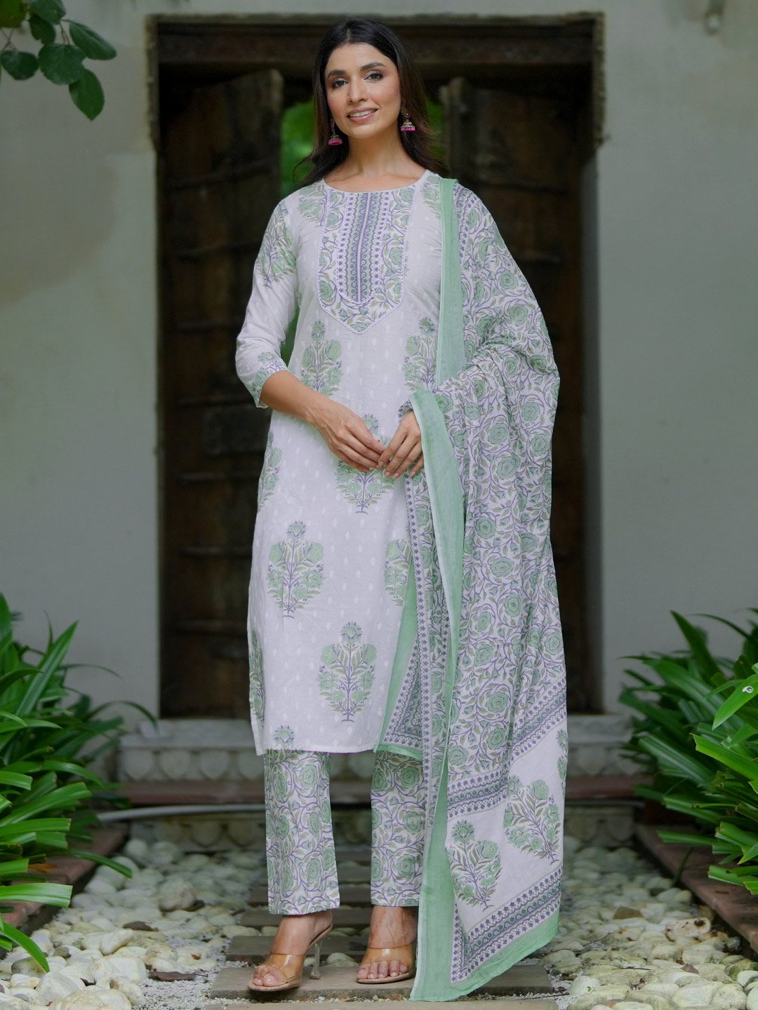 Libas Floral Printed Gotta Patti Pure Cotton Straight Kurta with Trousers & Dupatta