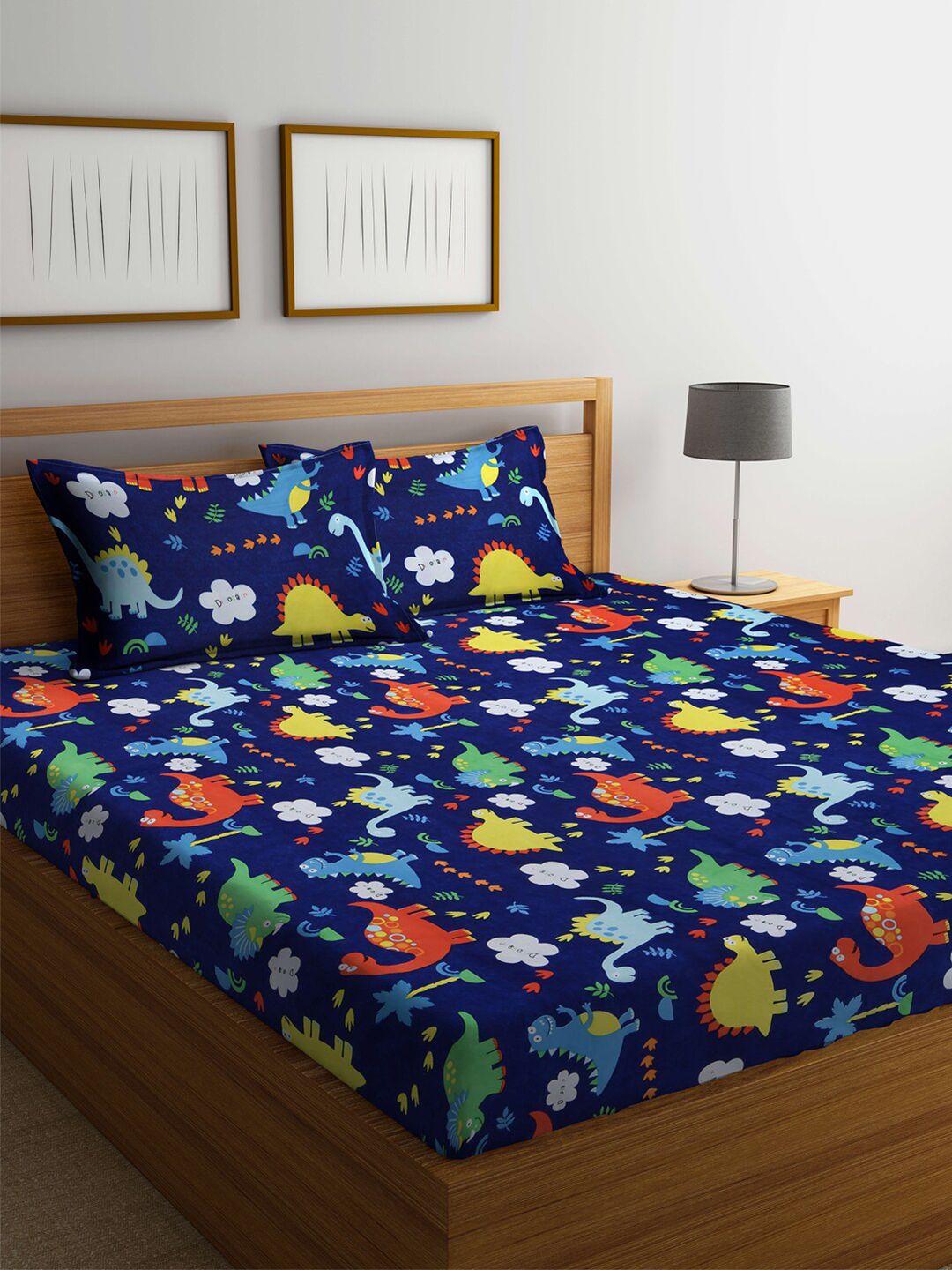 Klotthe Kids Blue Print 300 TC Cotton Blend double King Bed Sheet dengan 2 penutup bantal