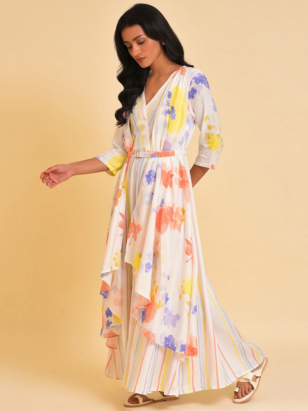 W White & Peach-Coloured Floral Printed Pleated Belted Culotte Jumpsuit