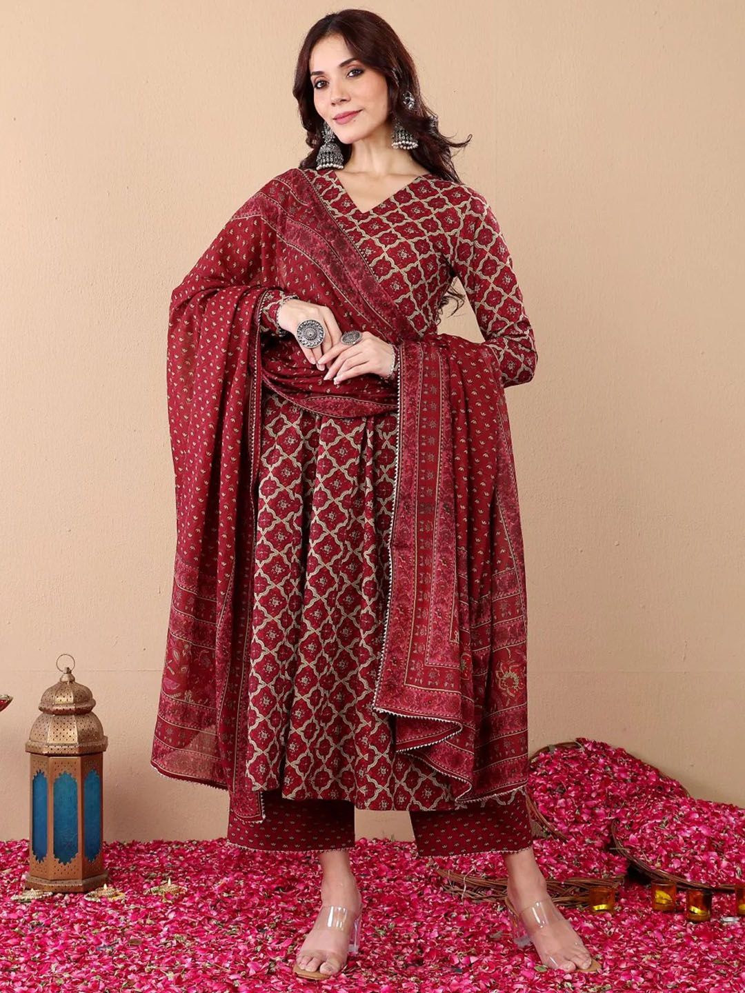 KALINI Ethnic Motifs Printed V-Neck Anarkali Kurta With Trousers And Dupatta