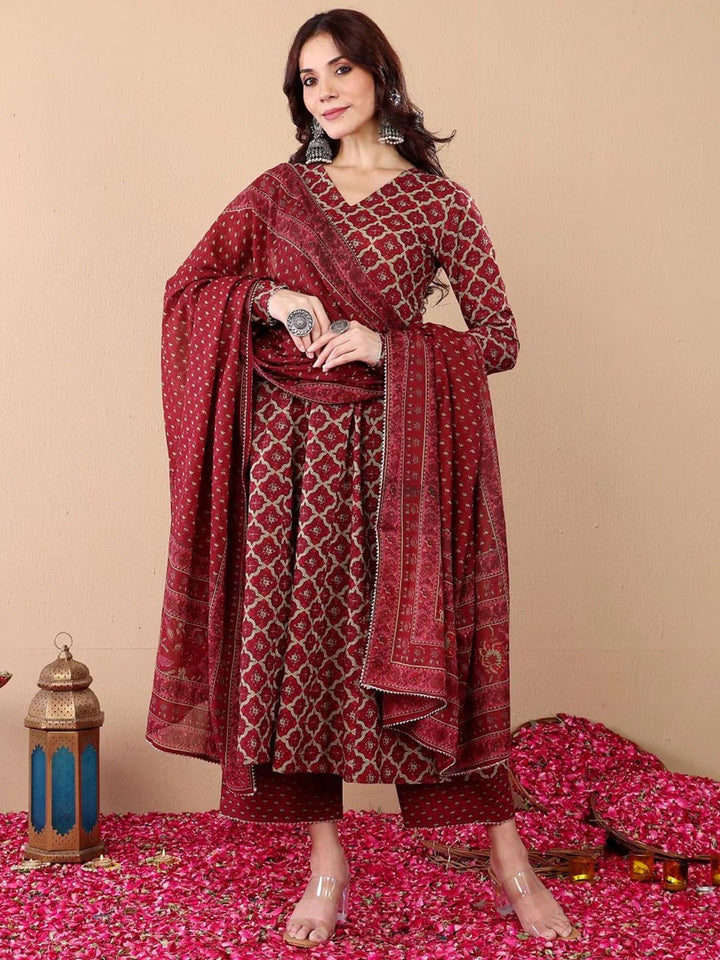 KALINI Ethnic Motifs Printed V-Neck Anarkali Kurta With Trousers And Dupatta