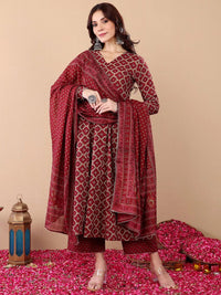 KALINI Ethnic Motifs Printed V-Neck Anarkali Kurta With Trousers And Dupatta