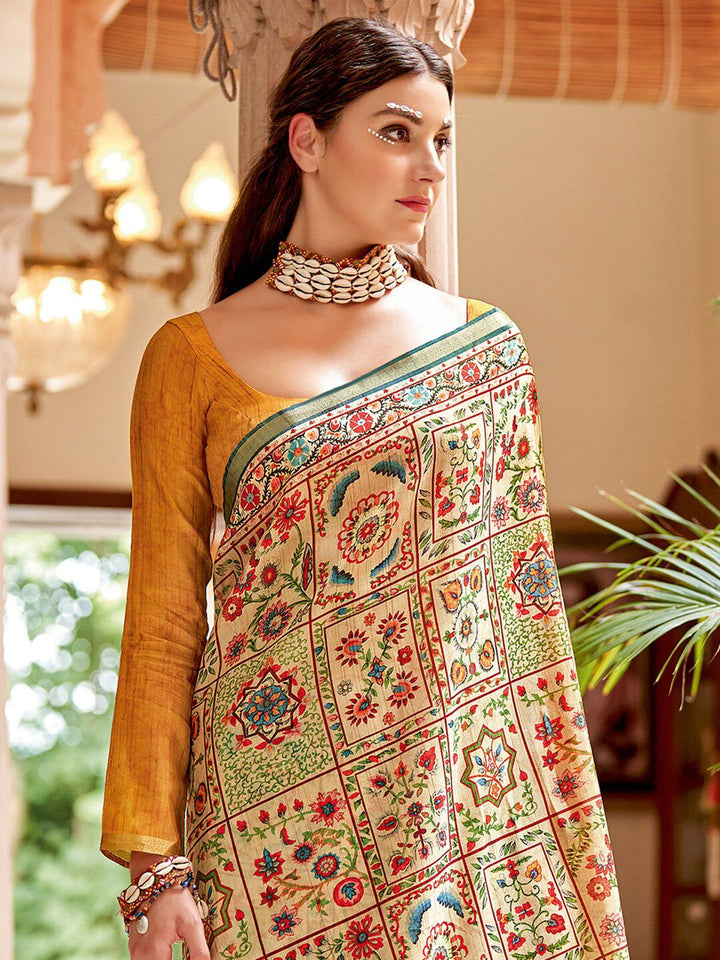 Saree mall Beige & Gold-Toned Ethnic Motifs Printed Zari Pure Silk Sarees