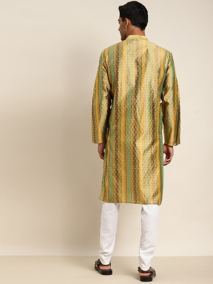 SOJANYA Lelaki Mustard Yellow & Brown Floral Thread Work Kurta