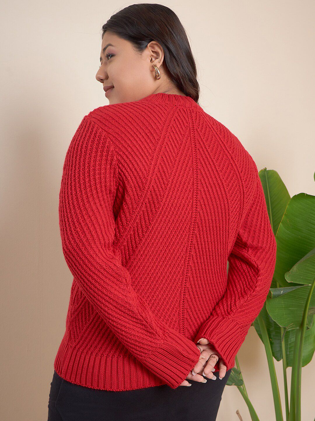 CURVY STREET Plus Size Geometric Self Design Pure Acrylic Pullover