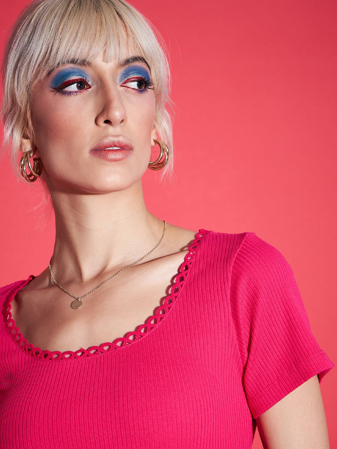 SASSAFRAS Magenta Pink Self Design Rib Crop Top