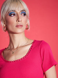 SASSAFRAS Magenta Pink Self Design Rib Crop Top