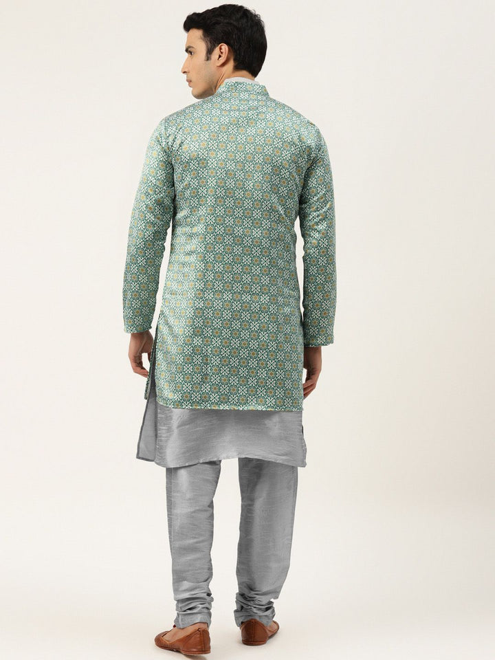 SOJANYA Men Grey & Green Solid Kurta with Churidar & Printed Jacket
