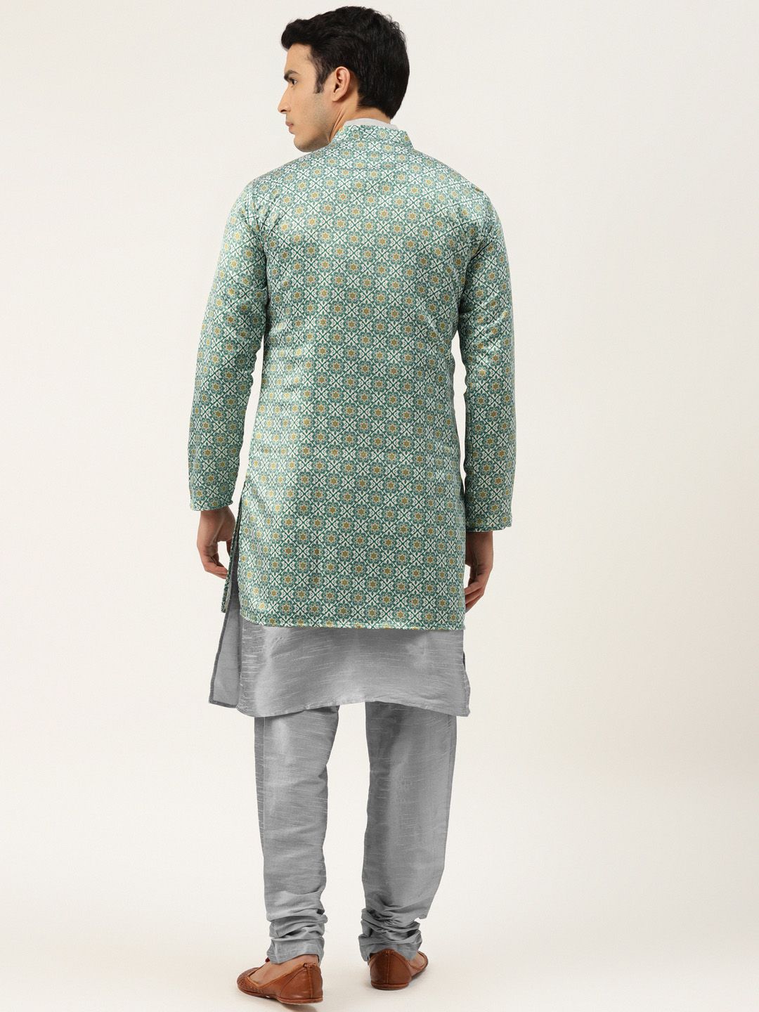 SOJANYA Kurta Solid Lelaki Kelabu & Hijau dengan Jaket Churidar & Bercetak