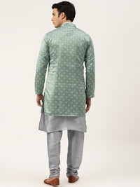 SOJANYA Kurta Solid Lelaki Kelabu & Hijau dengan Jaket Churidar & Bercetak