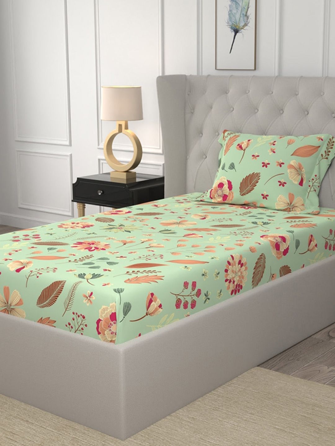 URBAN SPACE Florence Sage Green 200 TC Floral Single Bedsheet