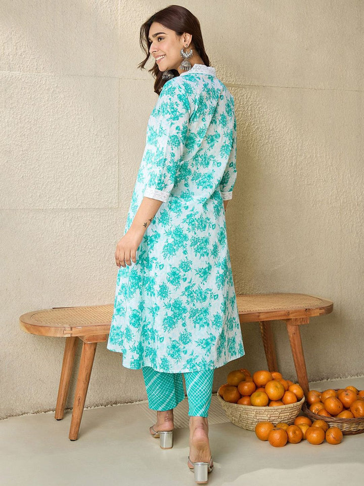 Indo Era Floral Printed V-Neck Pure Cotton A-Line Kurta With Trousers