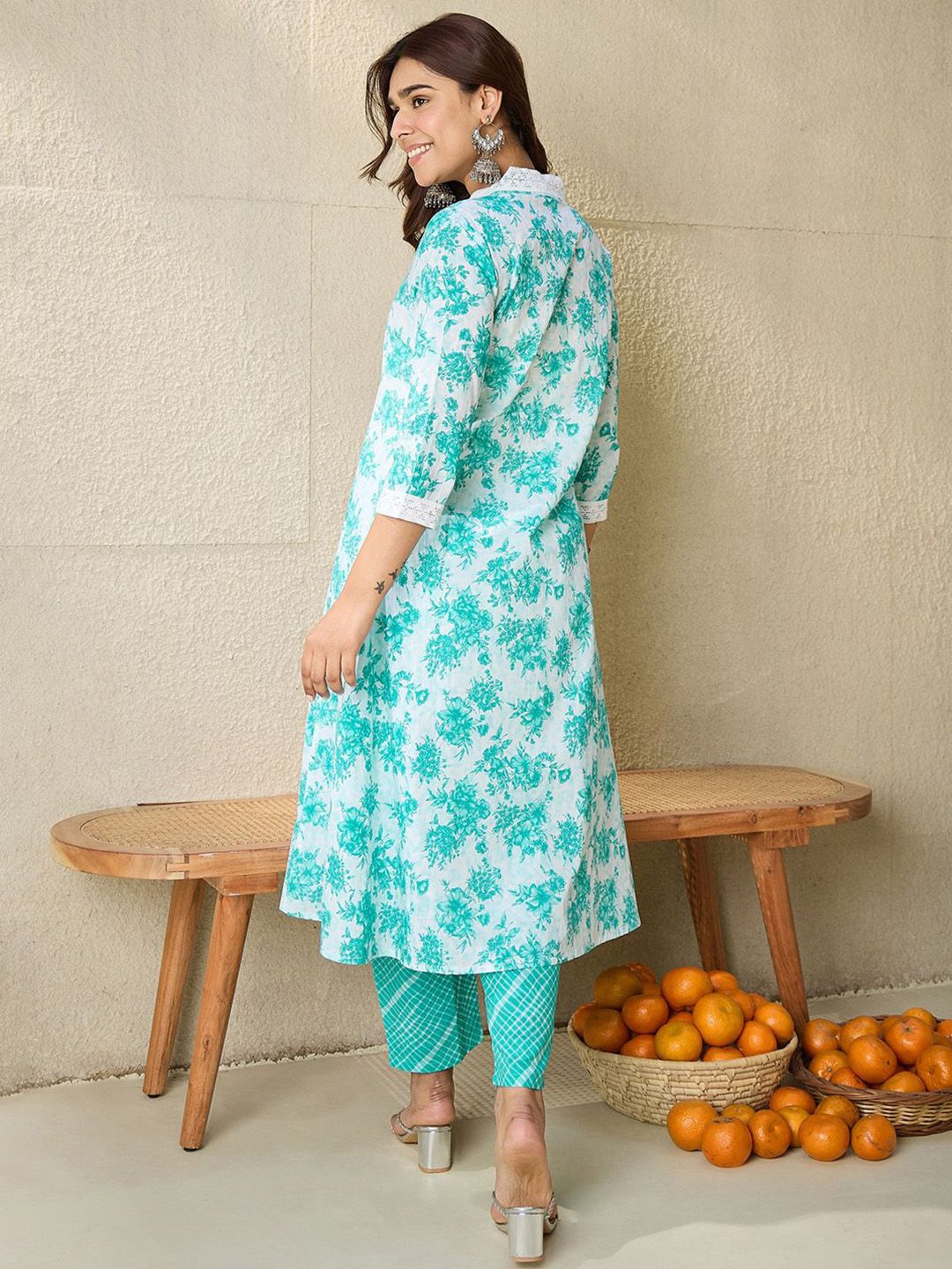 Indo Era Floral Printed V-Neck Pure Cotton A-Line Kurta With Trousers