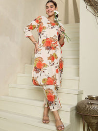 Indo Era Floral Printed V-Neck Pure Cotton Straight Kurta with Trousers