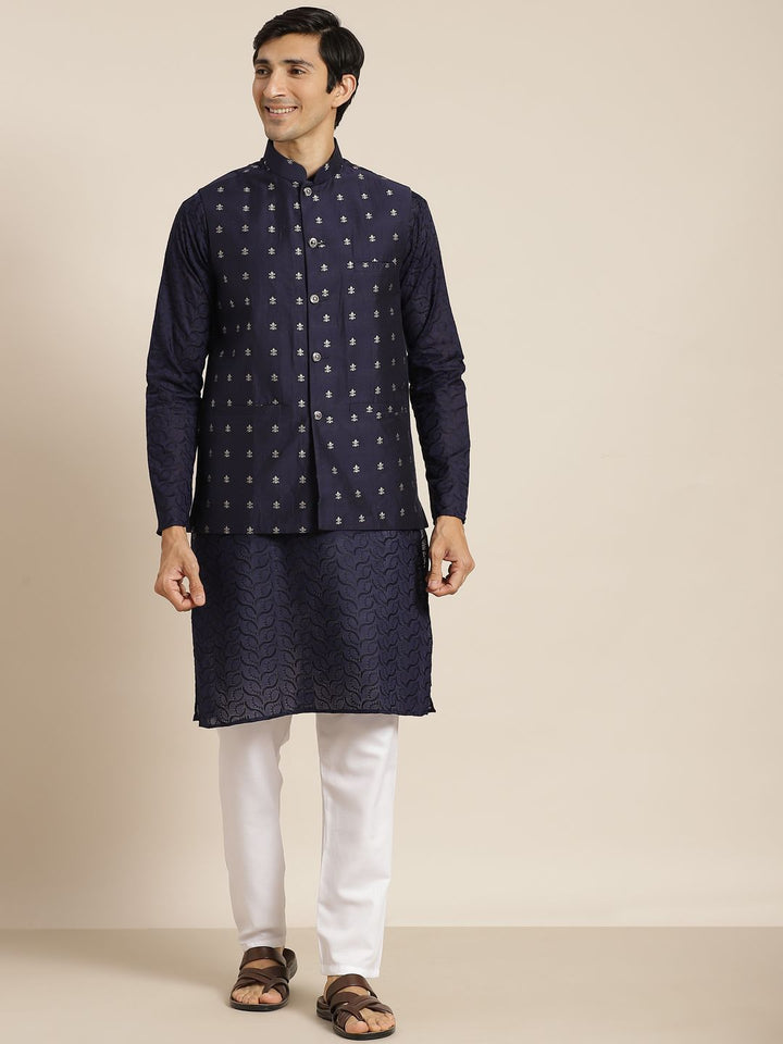 SOJANYA Men Navy Blue Chikankari Pure Cotton Kurta with Churidar & Nehru Jacket