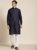 SOJANYA Lelaki Navy Blue Chikankari Pure Cotton Kurta with Churidar & Nehru Jacket