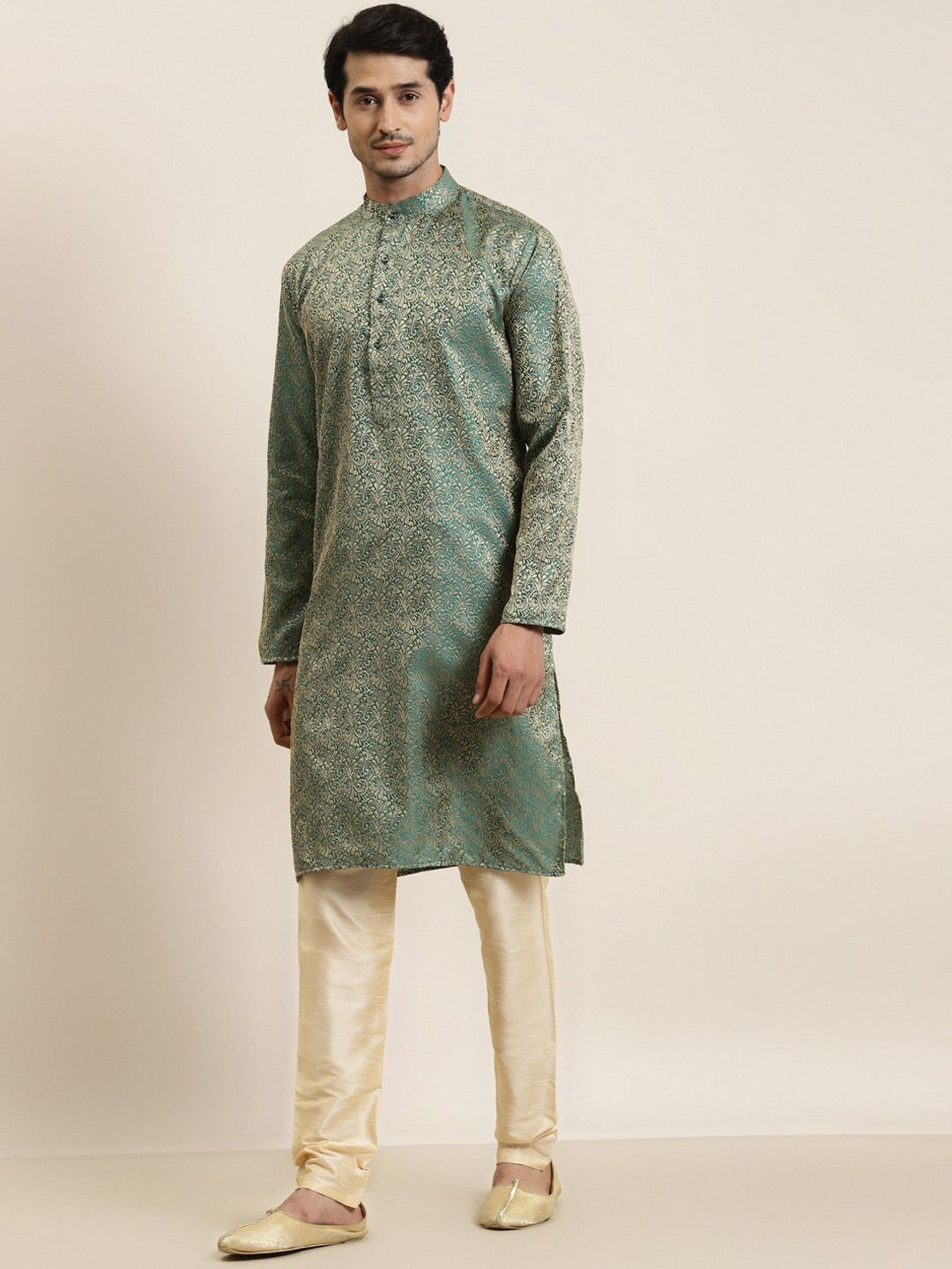 SOJANYA Woven Design Mandarin Collar Silk Cotton Kurta