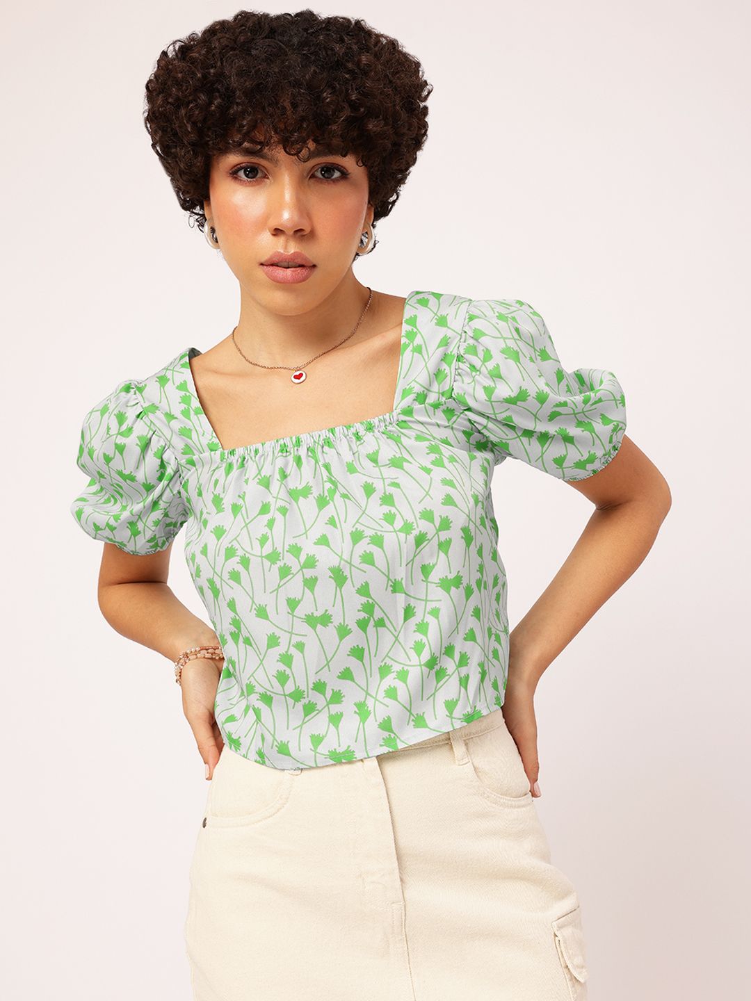 DressBerry Floral Fanatic Printed Pleated Crop Top