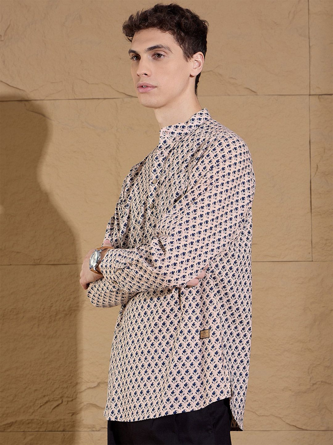 DENNISON Floral Printed Pure Cotton Band Collar Straight Kurta