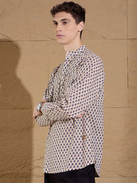 Dennison Floral Printed Cotton Band Collar Lurus Kurta