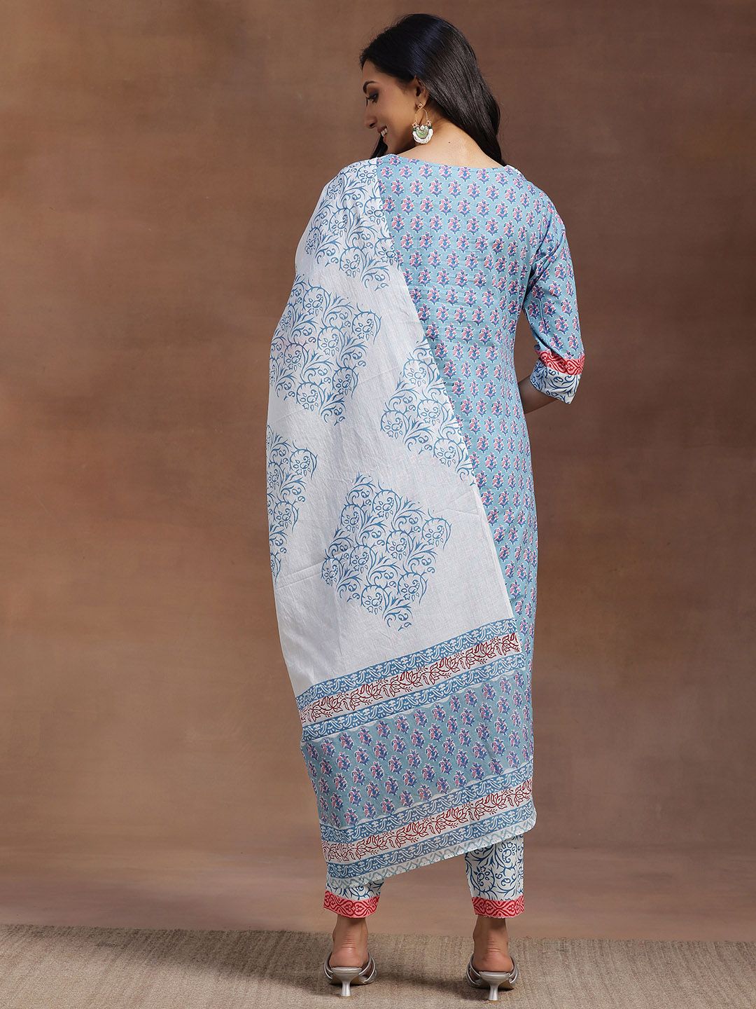 Libas Women Blue Floral Printed Pure Cotton Kurta with Trousers & With Dupatta