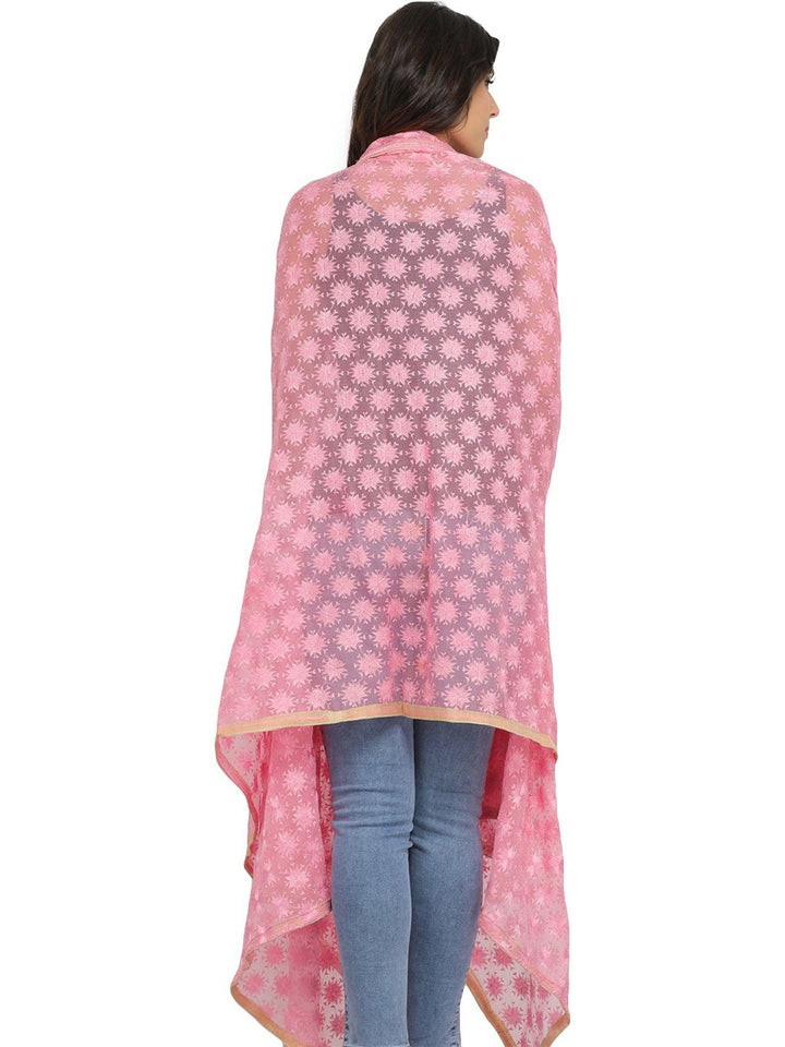 Exotic India Candy Pink Phulkari Dupatta with Embroidered Bootis in Self-color Thread