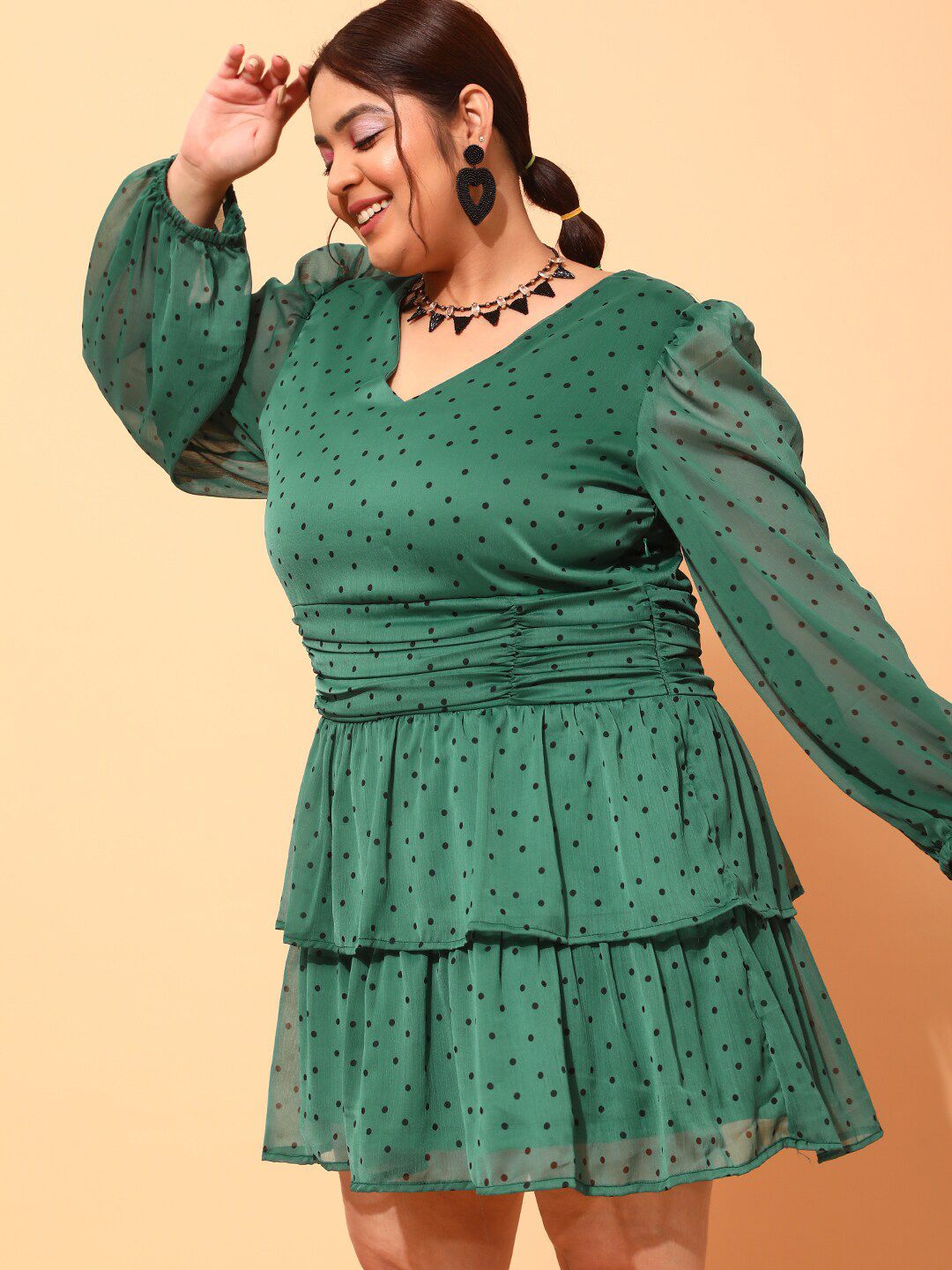 CURVY STREET Plus Size Green & Black Polka Dot Printed Puff Sleeves Fit & Flare Dress