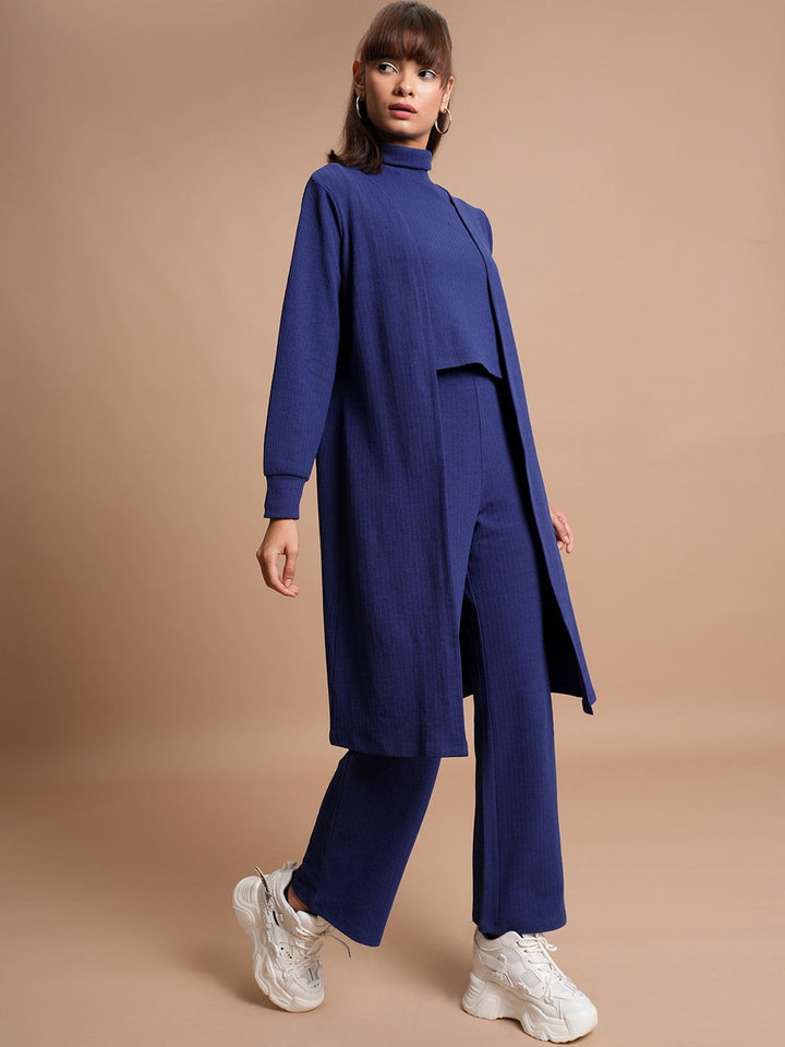 Tokyo Talkies Navy Blue Self Design High Neck Top & Trouser With Shrug Co-Ords
