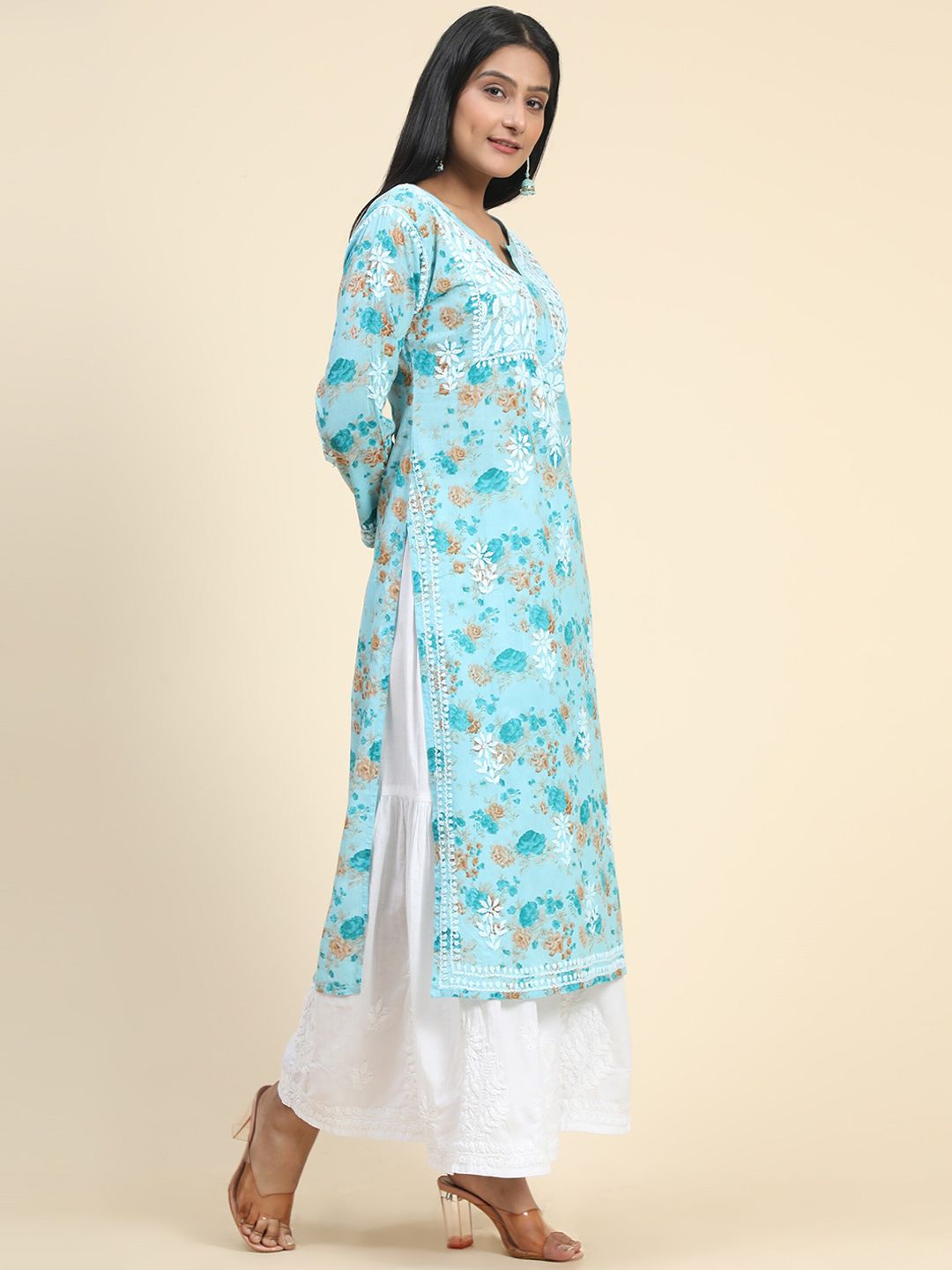 HOUSE OF KARI Floral Printed Thread Work Cotton Kurta