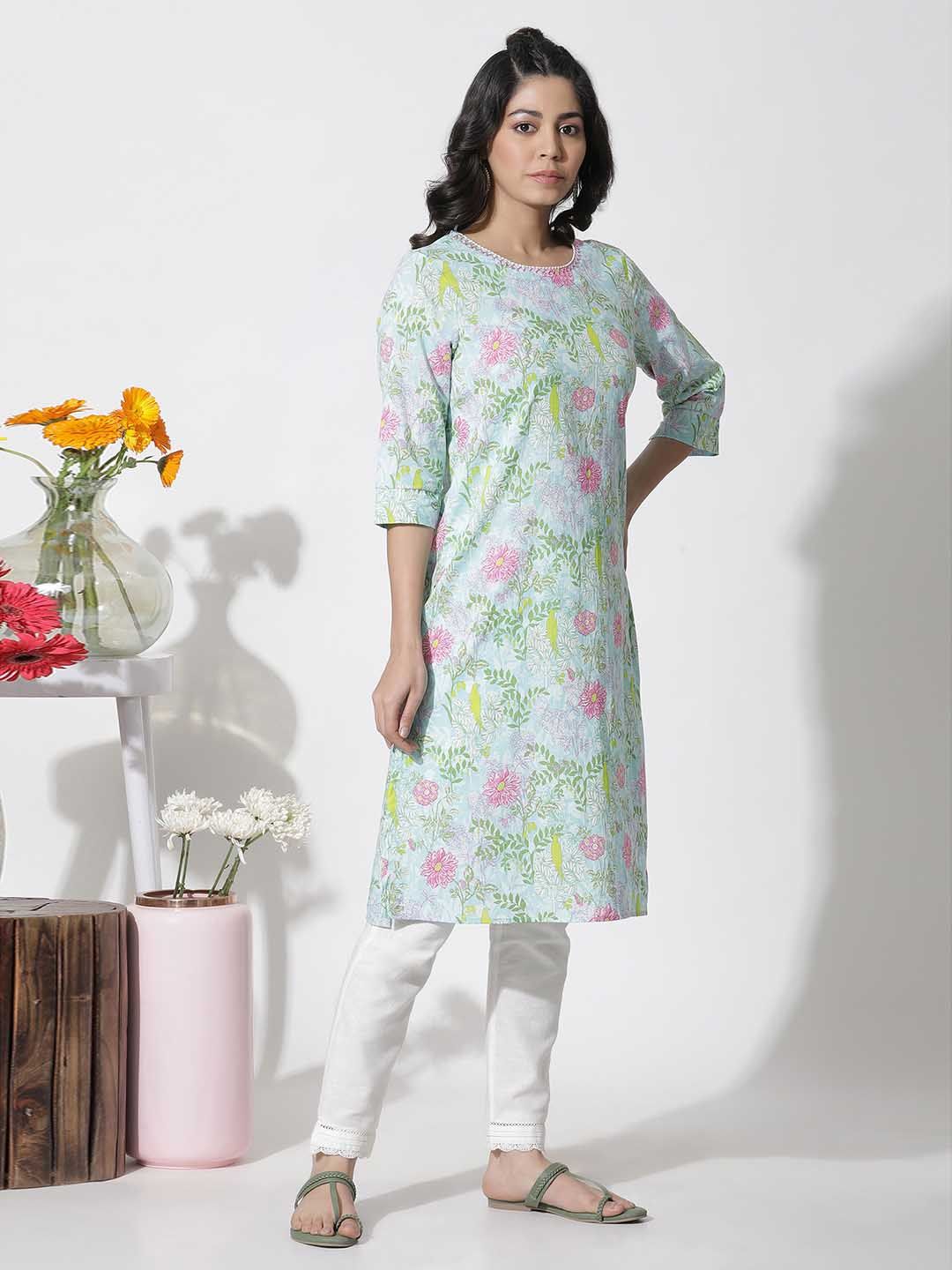W Blue Floral Printed Cotton Straight Kurta