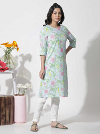 W Blue Floral Printed Cotton Straight Kurta