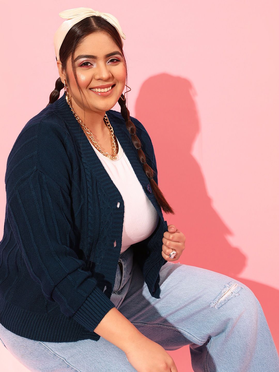 CURVY STREET Plus Size Women Cable Knit Acrylic Cardigan