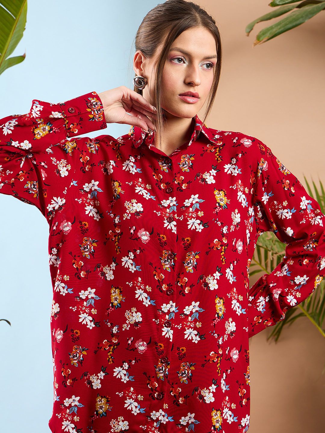 SASSAFRAS Red Floral Printed Oversize Shirt With Trousers