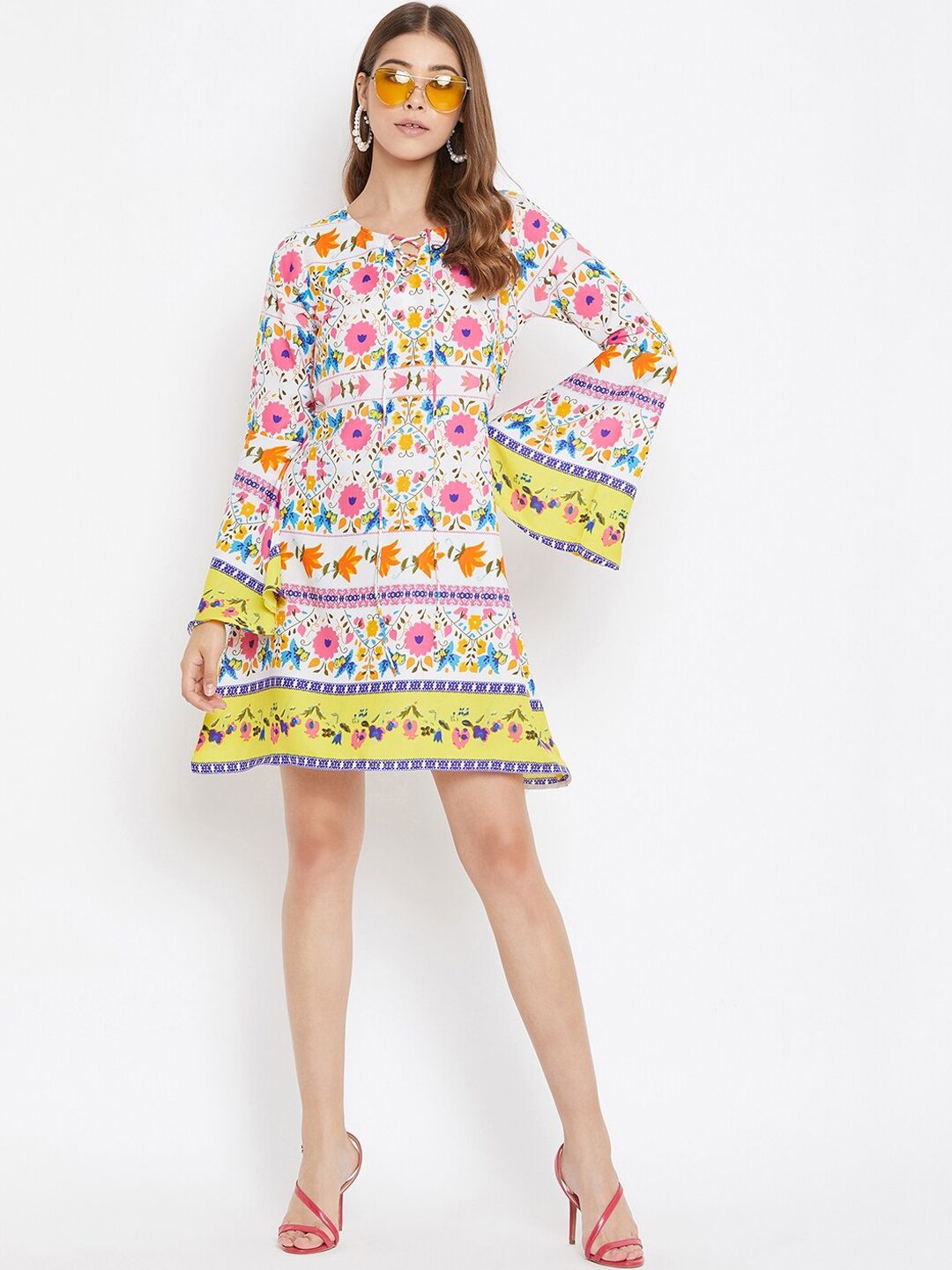 Berrylush Women White Floral Printed A-Line Dress