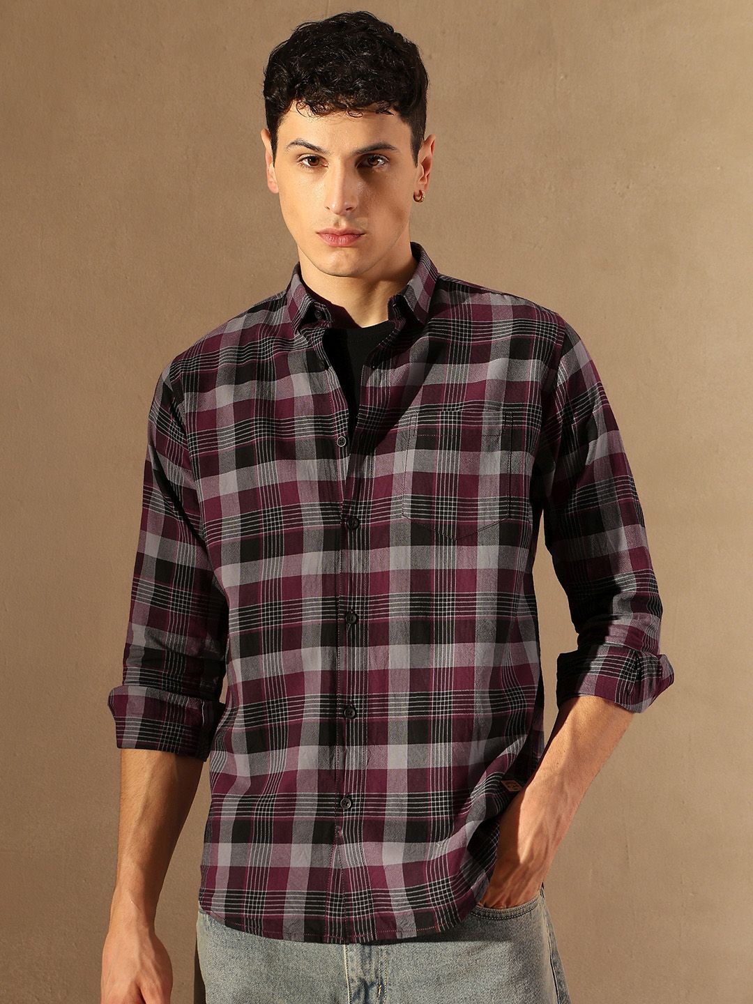 DENNISON Smart Tartan Checked Spread Collar Casual Shirt