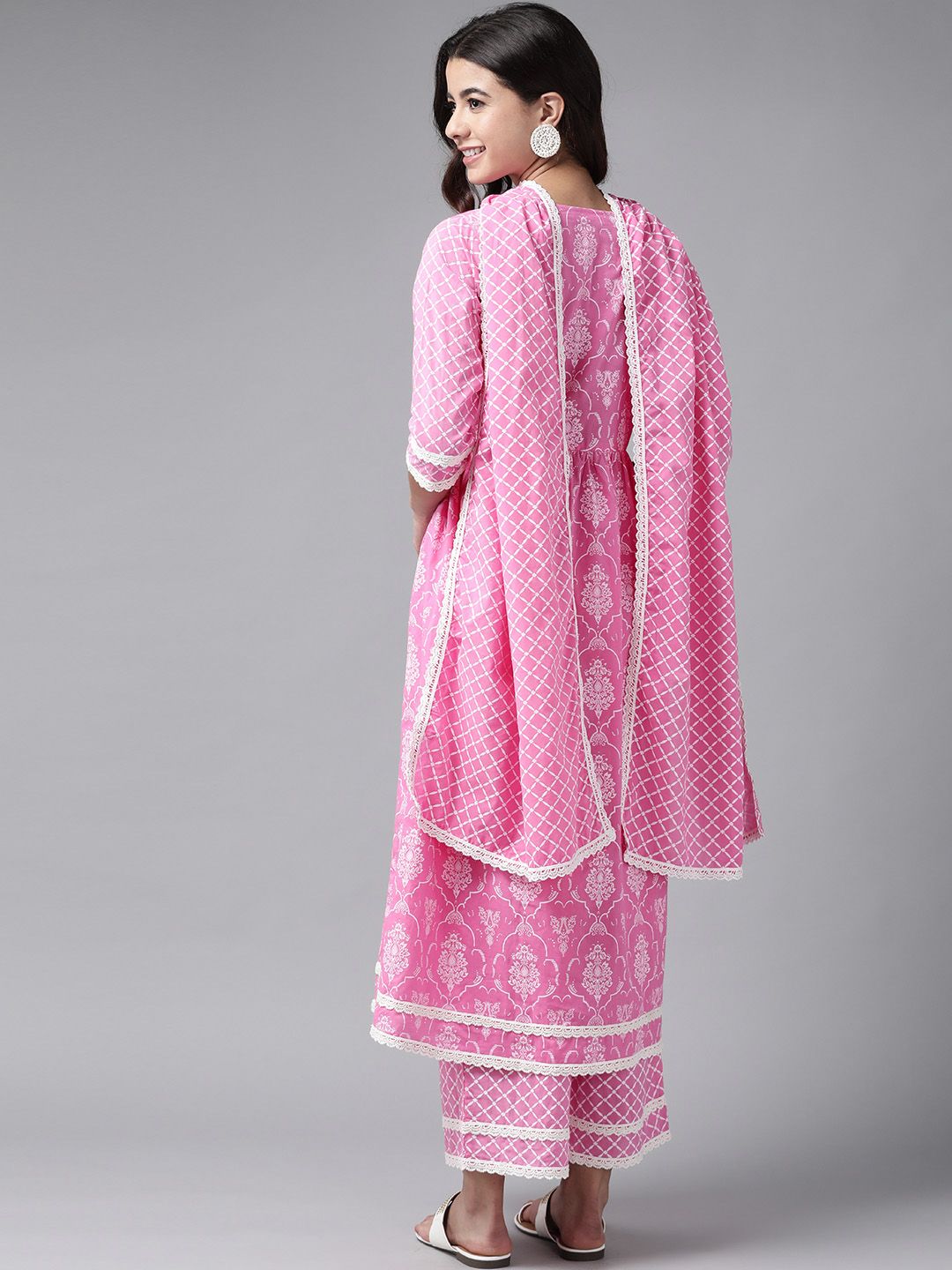 Libas Women Pink Ethnic Motifs Printed Regular Pure Cotton Kurta with Palazzos & With Dupatta