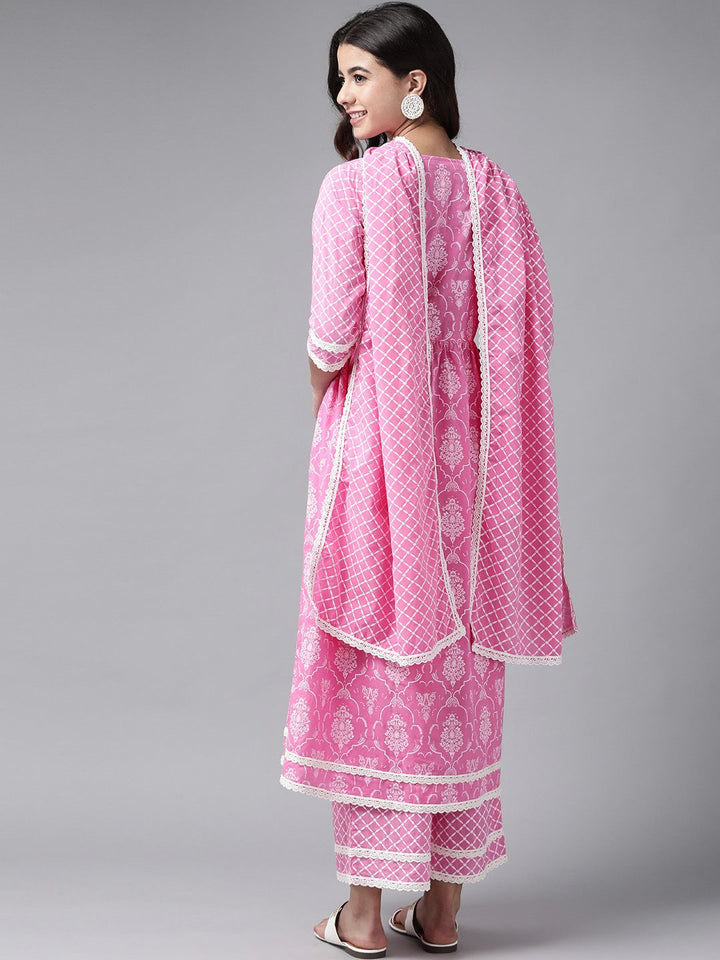 Libas Women Pink Ethnic Motifs Printed Regular Pure Cotton Kurta with Palazzos & With Dupatta