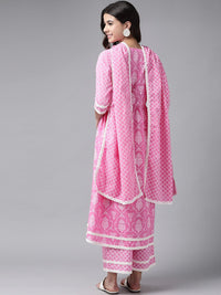 Libas Women Pink Ethnic Motifs Printed Regular Pure Cotton Kurta with Palazzos & With Dupatta