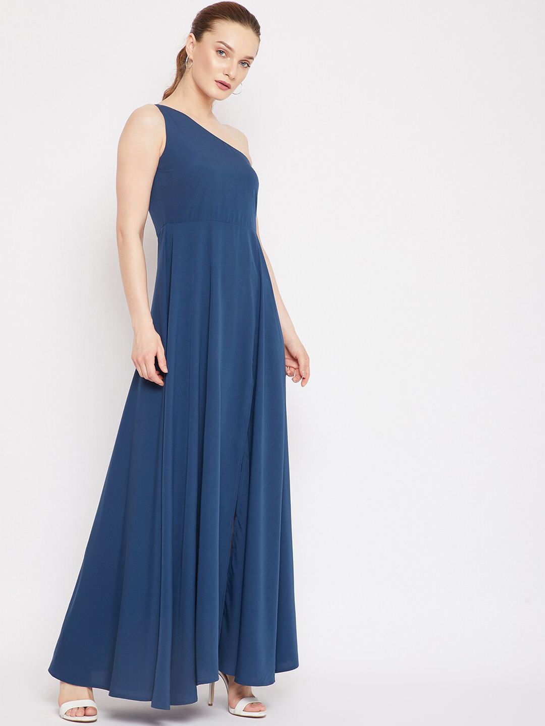 Berrylush Women Blue One Shoulder Crepe Maxi Dress