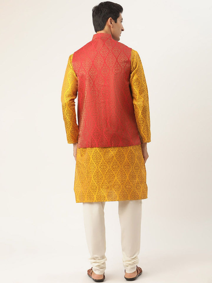 SOJANYA Men Mustard Ethnic Motifs Kurta with Churidar & Nehru Jacket